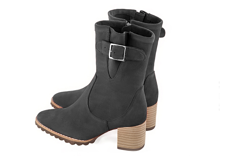 Dark grey women's ankle boots with buckles on the sides. Round toe. Medium block heels. Rear view - Florence KOOIJMAN
